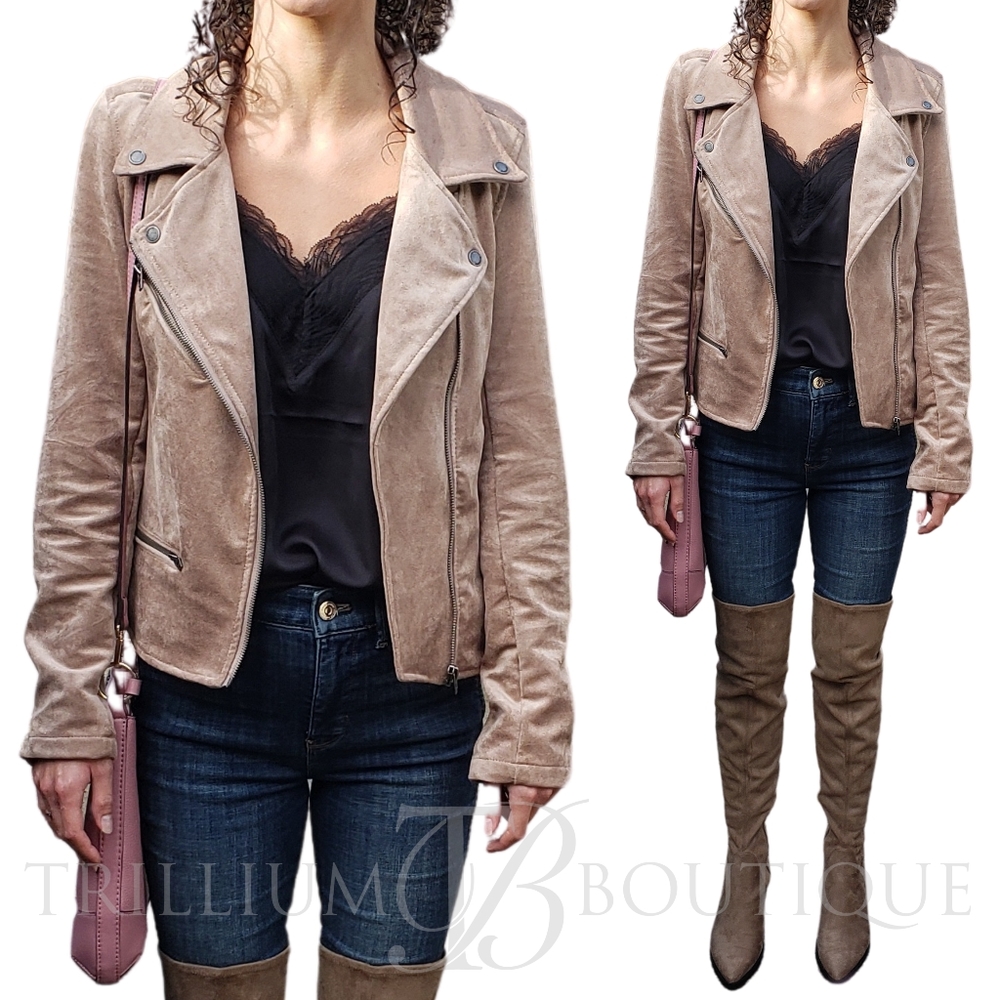 BLANKNYC Women's Faux Suede Moto Jacket SMALL Color: Shroom NWT